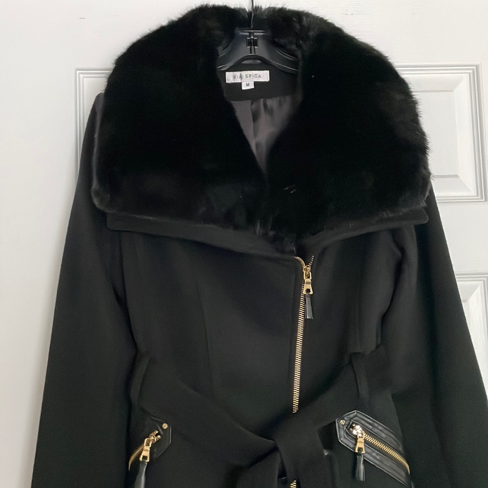 Via Spiga Faux Fur & Faux Leather Black Belted Coat/Size M